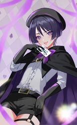  1boy absurdres alternate_costume belt beret black_cape black_gloves black_hat black_shorts black_sleeves cape card genshin_impact gloves hair_between_eyes hat highres holding holding_card male_focus purple_eyes purple_hair rrr_gns_(riuriu_1212) scaramouche_(genshin_impact) shirt short_hair shorts simple_background smile solo tongue tongue_out white_shirt 