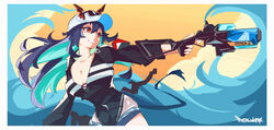  absurdres arknights artist_name baseball_cap blue_hair breasts ch&#039;en_(arknights) ch&#039;en_the_holungday_(arknights) cleavage dragon_girl dragon_horns dragon_tail eyewear_on_headwear female grey_shorts hat highres holding holding_water_gun horns horns_through_headwear long_hair looking_to_the_side official_alternate_costume open_mouth outstretched_arm postalworks red_eyes shorts solo tail teeth upper_body water_gun 