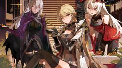  3girls absurdres blonde_hair bodysuit braid breasts cake charolic_(girls&#039;_frontline_2) cleavage cloak closed_eyes coat dark_skin eating food french_braid girls&#039;_frontline girls&#039;_frontline_2:_exilium grey_hair hair_between_eyes highres holding holding_food long_hair medium_breasts meng_ziya multiple_girls nemesis_(girls&#039;_frontline_2) open_clothes open_coat open_mouth orange_eyes ots-14_(girls&#039;_frontline) parted_lips pointing pointing_up red_eyes teeth upper_teeth_only white_hair 