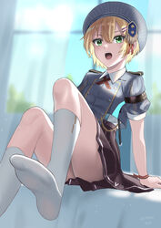  absurdres arm_support beret blonde_hair blurry blurry_background cropped_jacket curtains feet female green_eyes hair_ornament hairclip hat heaven_burns_red highres knees_up looking_at_viewer maruyama_kanata nil_(pixiv_53614557) no_shoes on_bed open_mouth short_hair short_sleeves sitting skirt socks solo striped_clothes striped_headwear sunlight window wristband 