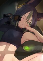  1boy absurdres animal_ear_fluff animal_ears black_gloves black_hair black_shirt crop_top fox_boy fox_ears genshin_impact gloves green_eyes green_hair hair_between_eyes highres male_focus midriff multicolored_hair navel one_eye_closed open_mouth rrr_gns_(riuriu_1212) shirt short_hair single_glove solo stomach streaked_hair tighnari_(genshin_impact) vision_(genshin_impact) waking_up 