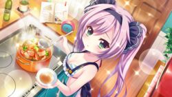  apron aqua_apron bikini blue_bikini book bookmark bottle bowl breasts broccoli cleavage cooking cooking_pot dot_nose female film_grain from_above from_side game_cg green_eyes hair_ornament hair_scrunchie hairband holding holding_bowl holding_ladle indoors izumi_tsubasu kitchen ladle lens_flare long_hair looking_at_viewer misaki_sango nearly_naked_apron non-web_source official_art open_book parted_lips plant potted_plant purple_hair purple_hairband purple_scrunchie re:stage! recipe_(object) scrunchie sideboob small_breasts solo sparkle steam stew stove striped_bikini striped_clothes swimsuit twintails white_stripes wooden_door wooden_floor 