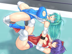  2girls backbreaker blue_leotard boots breasts catfight cleavage_cutout closed_eyes clothing_cutout commission frog_hair_ornament hair_ornament hair_tubes kochiya_sanae large_breasts leotard long_hair lying multiple_girls open_mouth pain pixiv_commission purple_hair red_eyes red_leotard shetake short_hair snake_hair_ornament submission_hold surfboard_(wrestling) thigh_boots touhou wrestling wrestling_outfit wrestling_ring yasaka_kanako 