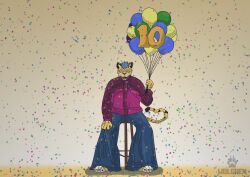  2026 absurd_res animal_feet animal_humanoid anthro balloon barefoot black_nose blue_balloon blue_bottomwear blue_clothing blue_hair blue_jeans blue_pants border bottomwear bunch_of_balloons cheetah claws clothed clothing confetti cosplay dark_spots date denim denim_bottomwear denim_clothing digital_media_(artwork) feet felid feline feline_tail felix_silva_(furry_brasil_2.0) footprint front_view fur furniture green_balloon hair halftone hi_res holding_balloon holding_object humanoid inflatable jacket jeans logo looking_at_viewer male male/male mammal markings number number_10 oliver_tree oliver_tree_(cosplay) open_mouth oversized_bottomwear oversized_clothing oversized_pants pants party pawprint paws pink_clothing pink_jacket pink_topwear purple_clothing purple_jacket purple_topwear screentone signature simple_background sitting sitting_on_stool solo spots spotted_body spread_legs spreading stool tail tan_background teeth text toes topwear two-tone_jacket watermark white_border wide-leg_pants wolgren_matty yellow_balloon yellow_body yellow_fur 