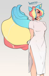  2026 absurd_res animal_humanoid big_tail blonde_hair blue_body blue_eyes blue_fur blue_hair canid canid_humanoid canine canine_humanoid clothing cotton_candy_(glacierclear) cute_fangs dialogue dress english_text fangs female flirting fox_ears fox_humanoid fox_tail foxtrot_(glacierclear) full-length_portrait fur glacierclear grey_background hair hair_over_eye hands_behind_back hi_res humanoid looking_at_viewer mammal mammal_humanoid markings mole_(marking) mole_under_eye multi_tail multicolored_body multicolored_eyes multicolored_fur multicolored_hair one_eye_obstructed pink_body pink_eyes pink_fur pink_hair portrait side_slit simple_background smile solo standing tail teeth text white_clothing white_dress wide_hips yellow_body yellow_eyes yellow_fur 