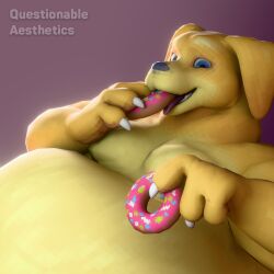  1:1 3d_(artwork) 4_fingers absurd_res anthro belly big_belly bird_dog blender_(artwork) blender_cycles_(artwork) blue_eyes canid canine canis dessert digital_media_(artwork) domestic_dog doughnut eating fingers food golden_retriever hi_res holding_food holding_object huge_belly hunting_dog labrador lying male mammal obese on_back overweight pastry questionable_aesthetics_(artist) retriever simple_background watermark yellow_body 