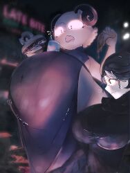 3:4 anthro belly belly_inflation big_belly big_breasts bloated bovid breasts caprine duo female goat hi_res huge_belly human humanoid inflation jellysickle mammal navel 