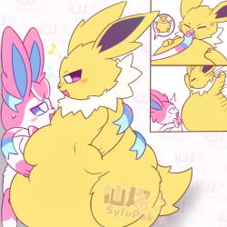  1:1 ambiguous_gender animated animated belly belly_jiggle big_belly duo eeveelution feederism feral food fur generation_1_pokemon generation_6_pokemon hi_res huge_belly hyper hyper_belly jiggling jolteon nintendo overweight pawpads pink_body pink_fur poke_puff pokemon pokemon_(species) short_playtime slightly_chubby sylveon sylvpak yellow_body yellow_fur 