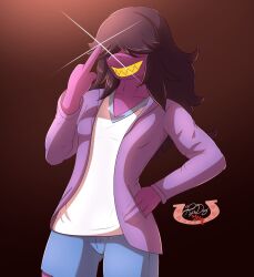  2026 anthro bottomwear brown_hair clothing deltarune denim denim_bottomwear denim_clothing denim_shorts digital_media_(artwork) female gesture hair hand_gesture jacket long_hair middle_finger purple_clothing purple_jacket purple_topwear reptile scalie shirt shorts solo susie_(deltarune) thepsychodog topwear undertale_(series) white_clothing white_shirt white_topwear 