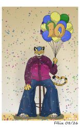  2026 absurd_res animal_feet animal_humanoid anthro balloon barefoot black_nose blue_balloon blue_bottomwear blue_clothing blue_hair blue_jeans blue_pants border bottomwear bunch_of_balloons cheetah claws clothed clothing confetti cosplay dark_spots date denim denim_bottomwear denim_clothing digital_media_(artwork) feet felid feline feline_tail felix_silva_(furry_brasil_2.0) footprint front_view fur furniture green_balloon hair halftone hi_res holding_balloon holding_object humanoid inflatable jacket jeans logo looking_at_viewer male male/male mammal markings number number_10 oliver_tree oliver_tree_(cosplay) open_mouth oversized_bottomwear oversized_clothing oversized_pants pants party pawprint paws pink_clothing pink_jacket pink_topwear purple_clothing purple_jacket purple_topwear screentone signature simple_background sitting sitting_on_stool solo spots spotted_body spread_legs spreading stool tail tan_background teeth text toes topwear two-tone_jacket watermark white_border wide-leg_pants wolgren_matty yellow_balloon yellow_body yellow_fur 