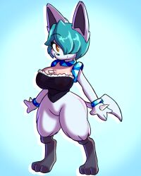  4:5 anthro black_body black_fur blue_body blue_fur blue_hair canid canine canis chest_spike female fur generation_4_pokemon hair hair_over_eye hi_res jackal lith_(nickzilla) long_ears lucario mammal nintendo one_eye_obstructed orange_eyes pokemon pokemon_(species) small_waist solo spikes spikes_(anatomy) vic88 wide_hips 