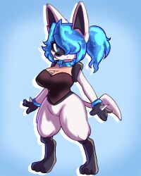  4:5 anthro black_body black_fur blue_eyes blue_hair canid canine canis chest_spike female fur generation_4_pokemon hair hair_over_eye hi_res jackal lake_(nickzilla) long_ears lucario mammal nintendo one_eye_obstructed pokemon pokemon_(species) small_waist solo spikes spikes_(anatomy) vic88 white_body white_fur wide_hips 