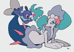  2026 ambiguous_gender anthro aquatic asterozoan black_eyes blue_body blue_eyes blue_hair duo echinoderm eyelashes feral gem generation_7_pokemon hair hi_res mammal nintendo open_mouth pearl_(gem) pinniped pokemon pokemon_(species) popplio potatomaniaaa primarina signature simple_background size_difference smile split_form starfish starfish_(accessory) tail white_body 