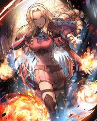  armor belt blonde_hair blue_eyes breasts commission constance_von_nuvelle curly_hair dress female fire_emblem fire_emblem:_three_houses hairband large_breasts leather_armor long_hair magic neckerchief paula_biedma pink_dress short_dress solo thighhighs zettai_ryouiki 