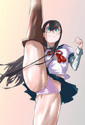  axe_kick black_hair blush female glasses green_eyes hairband high_kick kantai_collection kicking leg_up long_hair looking_at_viewer megakura_kinshi ooyodo_(kancolle) panties school_uniform semi-rimless_eyewear serafuku skirt solo split standing standing_on_one_leg standing_split underwear 