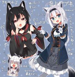  2girls :d :o absurdres ahoge animal_ear_fluff animal_ears black_hair black_hairband black_headwear black_hoodie blue_bow blue_bowtie blue_eyes blue_jacket blush bow bowtie closed_eyes detached_sleeves fox fox_girl fox_shadow_puppet fox_tail frilled_skirt frilled_sleeves frills gloves grey_skirt hair_between_eyes hairband hidejiu highres hololive hood hoodie jacket kurokami_fubuki long_hair long_sleeves multiple_girls navel oerba_yun_fang open_clothes open_jacket red_eyes shirakami_fubuki shirakami_fubuki_(1st_costume) shirakami_fubuki_(aristocrat_kei) shirakami_fubuki_(street) shirt simple_background skin_fang skirt smile tail translated virtual_youtuber white_bow white_bowtie white_gloves white_hair white_shirt 