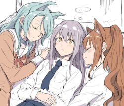  ... 3girls :3 akni animal_ears aqua_hair bang_dream! brown_dress cat_ears closed_eyes collared_shirt commentary_request dog_ears dress girl_sandwich grey_hair half_updo hanasakigawa_school_uniform hikawa_sayo imai_lisa kemonomimi_mode long_hair long_sleeves lying minato_yukina multiple_girls neck_ribbon neckerchief necktie on_back on_side red_ribbon ribbon sandwiched school_uniform shirt sidelocks spoken_ellipsis white_shirt yellow_eyes 