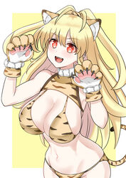  :d alternate_costume animal_ears animal_hands animal_print bare_shoulders blonde_hair blush bra breasts chinese_zodiac claw_pose claws cleavage cowboy_shot female gloves groin hands_up happy highres hip_focus kami_jigen_game_neptune_v large_breasts leaning_forward long_hair looking_at_viewer navel neptune_(series) oerba_yun_fang paid_reward_available panties paw_gloves power_symbol power_symbol-shaped_pupils red_eyes slit_pupils smile solo symbol-shaped_pupils tail tiger_ears tiger_girl tiger_paws tiger_print tiger_stripes tiger_tail underwear underwear_only very_long_hair year_of_the_tiger yellow_heart_(neptunia) zatsu 