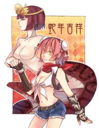  2girls argyle_background backpack bag bandana belt black_belt black_gloves blacksmith_(ragnarok_online) blue_shorts border breasts bun_cover chinese_new_year chinese_zodiac closed_eyes closed_mouth commentary cowboy_shot crop_top diadem double_bun fingerless_gloves fur-trimmed_shorts fur_trim gloves hair_between_eyes hair_bun holding_hands isis_(ragnarok_online) lamia looking_at_viewer medium_breasts monster_girl multiple_girls no_nipples outside_border pink_hair ragnarok_online red_bandana red_hair shirt short_hair short_shorts shorts siolfur sleeveless sleeveless_shirt small_breasts smile snake tied_shirt transparent_border vambraces year_of_the_snake yellow_background yellow_eyes 