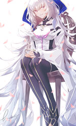  breasts chair collarbone fate/grand_order fate/grand_order_arcade fate/prototype fate_(series) female fingerless_gloves gloves highres long_hair looking_at_viewer medium_breasts merlin_(fate/prototype) merlin_(fate/prototype)_(third_ascension) pantyhose petals red_eyes sitting smile solo toeless_legwear very_long_hair white_background white_hair wide_sleeves ye_mei_(hami_illust) 