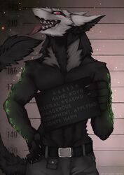  anthro black_body black_fur bodily_fluids claws clothed clothing fangs fluffy fluffy_tail fur hi_res holding_object male mugshot muscular muscular_anthro muscular_male open_mouth open_smile partially_clothed pink_eyes saliva sergal simple_background smile solo tail tashalisets teeth tongue tongue_out white_body white_fur 