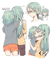  2girls ^_^ akni aqua_hair bang_dream! bespectacled bilingual braid closed_eyes commentary_request cropped_legs frown glasses grey_shirt heart hikawa_hina hikawa_sayo hug incest korean_text long_hair looking_at_another mixed-language_text multiple_girls multiple_views orange_shorts pants ponytail shirt short_hair shorts siblings side_braids simple_background sisters smile sparkle sweatdrop t-shirt twincest twins white_background yellow_shirt yuri 