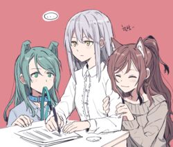  ... 3girls :| ^_^ akni animal_collar animal_ears arm_hug bang_dream! blue_collar blue_shirt brown_hair cat_ears closed_eyes closed_mouth collar collared_shirt commentary_request dog_ears earrings green_eyes green_hair grey_hair grey_sweater half_updo hikawa_sayo holding holding_pen imai_lisa jewelry kemonomimi_mode leash long_hair long_sleeves minato_yukina mouth_hold multiple_girls off-shoulder_sweater off_shoulder paper pen red_background shirt simple_background smile spoken_ellipsis sweater upper_body white_shirt writing yellow_eyes 