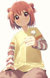  ahoge akaza_akari casual double_bun female hair_bun highres lap_pillow_invitation layered_sleeves long_sleeves looking_at_viewer mimikaki pink_hair purple_eyes seiza short_hair short_over_long_sleeves short_sleeves sitting smile solo striped_sleeves tennosuke_(tejons) yuru_yuri 