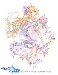  :d ahoge anemone_(flower) astro_and_girls blonde_hair bouquet breasts bride bug butterfly character_request cleavage commentary dress dress_flower earrings female floating_hair floral_background flower flower_trim glass_slipper gloves green_eyes hair_flower hair_ornament high_heels hobble_dress holding holding_bouquet ind_(121) jewelry large_breasts long_dress long_hair looking_at_viewer looking_to_the_side open_mouth peony_(flower) pingo pink_flower plantar_flexion puffy_short_sleeves puffy_sleeves pumps purple_butterfly purple_flower shoe_dangle shoes short_sleeves smile solo teeth very_long_hair white_dress white_gloves 