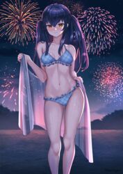  bikini black_hair breasts cowboy_shot female fireworks frilled_bikini frills highres looking_at_viewer medium_breasts night night_sky orange_eyes original plaid plaid_bikini ruby_suguri sky solo standing star_(sky) starry_sky summer_festival swimsuit twintails 