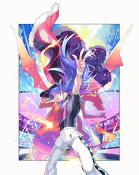  1boy arm_up baseball_cap border cape champion_uniform charizard charizard_pose closed_mouth cloud commentary_request day facial_hair fire flame-tipped_tail fur-trimmed_cape fur_trim hat highres knees kusuribe leggings legs_apart leon_(pokemon) long_hair looking_at_viewer male_focus outside_border pokemon pokemon_(creature) pokemon_swsh pose purple_hair red_cape shirt short_shorts short_sleeves shorts sky smile sparkle stadium w white_legwear white_shorts white_wristband yellow_eyes 