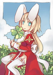  animal_ears blonde_hair blue_eyes blush bow brown_hairband chinese_commentary closed_mouth clover commentary_request cross dress fake_animal_ears feet_out_of_frame female four-leaf_clover garter_straps hairband high_priest_(ragnarok_online) holding holding_clover juliet_sleeves long_hair long_sleeves looking_at_viewer puffy_sleeves rabbit_ears ragnarok_online red_dress sash siolfur smile solo star_(symbol) star_in_eye symbol_in_eye thighhighs two-tone_dress white_bow white_dress white_sash white_thighhighs 