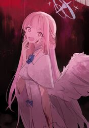  absurdres angel_wings blood blood_on_arm blood_on_face blue_archive blue_bow blue_bowtie bow bowtie capelet crazy_eyes crying crying_with_eyes_open dress female halo hand_on_own_face highres long_hair low_wings mika_(blue_archive) nonoa pink_hair pink_halo solo tears white_capelet white_dress white_wings wings yellow_eyes 