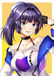  adjusting_hair alternate_eye_color bare_shoulders black_gloves black_hair blue_eyes breasts female gloves honkai_(series) honkai_impact_3rd jacket kelinch1 looking_at_viewer off-shoulder_shirt off_shoulder open_mouth ponytail raiden_mei raiden_mei_(striker_fulminata) shirt smile solo teeth white_jacket white_shirt yellow_background 