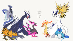  !? animal_focus articuno beak bird claws commentary fire galarian_articuno galarian_moltres galarian_zapdos looking_at_another lugia moltres no_humans open_mouth pokemon pokemon_(creature) pokemon_xd red_eyes shadow_lugia simple_background symbol-only_commentary tail talons ytot_335 zapdos 