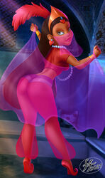  14-bis 2021 arabian ass belly_dancer belly_dancer_outfit black_hair brown_eyes bubble_butt dark-skinned_female harem_girl harem_outfit head_feather long_hair looking_at_viewer looking_back princess_yum_yum royalty slippers tagme the_thief_and_the_cobbler_(film) tiara veil 