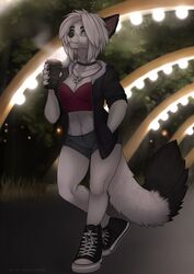  anthro beverage black_body black_fur blue_eyes breasts canid canine claws clothed clothing coffee coffee_cup collar container cup detailed_background female fluffy fluffy_tail fox fur hair hi_res holding_object mammal multicolored_body multicolored_fur partially_clothed smile solo tail tasha_lisets tashalisets two_tone_body two_tone_fur white_body white_fur white_hair 