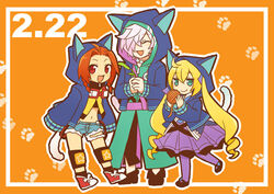  1boy 2girls 7th_dragon_(series) 7th_dragon_2020 :d ^_^ ahoge animal_hood biyori_(cardinal49) black_footwear black_legwear black_pants blonde_hair blue_eyes blue_hoodie border braid cat_day cat_hood cat_tail chelsea_(7th_dragon) closed_eyes commentary_request crossed_bangs cutoffs dated denim denim_shorts destroyer_(7th_dragon_2020) dress drill_hair full_body goggles goggles_around_neck gothic_lolita green_jacket hacker_(7th_dragon) hair_over_one_eye holding holding_plant hood hood_up hooded_jacket hoodie jacket knee_pads light_purple_hair lolita_fashion long_hair looking_at_viewer midriff multiple_girls navel nishimura_haru_(7th_dragon) open_clothes open_hoodie open_jacket open_mouth open_shorts orange_background outline own_hands_clasped own_hands_together pants pantyhose parted_hair paw_print paw_print_background plant psychic_(7th_dragon) purple_dress purple_legwear red_eyes red_footwear red_hair shoes short_shorts shorts side_braid sidelocks smile sneakers socks striped_clothes striped_pantyhose tail twin_braids twin_drills vertical-striped_clothes vertical-striped_pantyhose very_long_hair white_border yarn yarn_ball yellow_jacket 