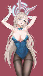  :d absurdres animal_ears armpits arms_up asuna_(blue_archive) asuna_(bunny)_(blue_archive) blonde_hair blue_archive blue_bow blue_bowtie blue_eyes blue_leotard bow bowtie breasts brown_pantyhose cleavage cola-alter collarbone commentary cowboy_shot detached_collar elbow_gloves eyes_visible_through_hair fake_animal_ears female gloves hair_over_one_eye halo highres large_breasts leotard long_hair looking_at_viewer official_alternate_costume open_mouth pantyhose playboy_bunny rabbit_ears smile solo strapless strapless_leotard thigh_gap thighband_pantyhose very_long_hair white_gloves 