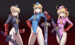  ahoge artoria_pendragon_(fate) blonde_hair breasts caliburn_(fate) cammy_white cammy_white_(cosplay) corruption cosplay dark_persona excalibur_(fate/stay_night) excalibur_morgan_(fate) fate/grand_order fate/stay_night fate/unlimited_codes fate_(series) fingerless_gloves garrison_cap gloves green_eyes hat highleg highleg_leotard highres holding holding_sword holding_weapon leebigtree leotard long_hair looking_at_viewer necktie no_legwear ponytail red_gloves redrawn revision ribbed_leotard saber_(fate) saber_alter saber_lily shadaloo_dolls street_fighter street_fighter_zero_(series) sword weapon 