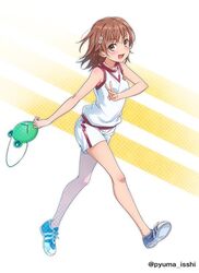  bad_id bad_twitter_id bare_arms blue_footwear brown_eyes brown_hair commentary_request emblem female flower frog frog_mask full_body gekota green_mask gym_shirt gym_shorts gym_uniform hair_flower hair_ornament hairclip holding holding_mask isshi_pyuma looking_at_viewer mask medium_hair misaka_mikoto open_mouth school_emblem shirt shoes short_shorts shorts sleeveless sleeveless_shirt smile sneakers solo toaru_kagaku_no_railgun toaru_kagaku_no_railgun_t toaru_majutsu_no_index tokiwadai_school_gym_uniform twitter_username unworn_mask white_shirt white_shorts 