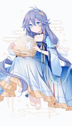  absurdres alternate_costume ankle_bell anklet barefoot blue_eyes blue_hair chinese_clothes closed_mouth female fu_hua grey_hair hair_between_eyes hair_ornament hanfu highres holding honkai_(series) honkai_impact_3rd jewelry long_hair long_sleeves looking_at_viewer monabianou qixiong_ruqun ruqun simple_background smile solo white_background 