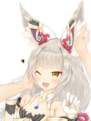  animal_ear_fluff animal_ears blush breasts chest_jewel collarbone commentary_request facial_mark fangs female gloves headpat heart highres konowa_(pixiv30906526) long_hair nia_(blade)_(xenoblade) nia_(xenoblade) one_eye_closed open_mouth partial_commentary playing_with_another&#039;s_ears simple_background small_breasts smile solo_focus spoilers twintails upper_body white_background white_gloves white_hair xenoblade_chronicles_(series) xenoblade_chronicles_2 yellow_eyes 