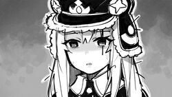  blank_stare blood blood_on_face coat collar commentary depressed dragalia_lost emblem empty_eyes female fur_hat ge-b gradient_background grey_background greyscale hat long_hair messy_hair monochrome noelle_(dragalia_lost) parted_lips shaded_face sleepy solo upper_body ushanka 