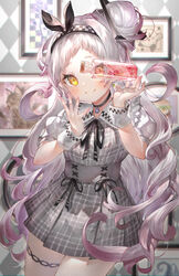  absurdres alternate_hairstyle black_ribbon blush bottle checkered_hairband commentary_request cowboy_shot curly_hair dress female grey_hair hair_bun hairband herbarium highres hololive indoors jewelry kirby kirby_(series) long_hair looking_at_viewer murasaki_shion neck_ribbon necklace picture_frame plaid plaid_dress portrait_(object) ribbon rin31153336 single_hair_bun smile solo thigh_strap transparent virtual_youtuber wrist_cuffs yellow_eyes 