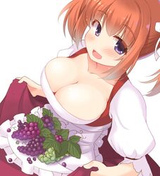  apron blush breasts cafe_stella_to_shinigami_no_chou cleavage clothes_lift collarbone commentary_request dutch_angle eyelashes female food frilled_apron frills from_above fruit grapes hair_between_eyes hair_ribbon large_breasts leaf long_hair looking_at_viewer open_mouth orange_hair puffy_short_sleeves puffy_sleeves purple_eyes raised_eyebrows red_skirt ribbon shirt short_sleeves sidelocks simple_background skirt skirt_lift smile solo sumizome_nozomi tatsuya_(trypaint) twintails white_apron white_background white_ribbon white_shirt 