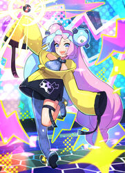  :d arm_up black_shorts character_hair_ornament commentary_request female green_hair grey_pantyhose grey_shirt hair_ornament happy highres iono_(pokemon) jacket leg_up long_hair matsuhisa_(ryo-tsuda1) multicolored_hair open_mouth pantyhose pokemon pokemon_sv purple_hair shirt shorts single_leg_pantyhose sleeveless sleeveless_shirt smile solo teeth tera_orb thigh_strap tongue two-tone_hair upper_teeth_only yellow_jacket 