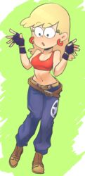  belt blonde_hair blue_mary blue_mary_(cosplay) blue_pants cosplay fatal_fury female fingerless_gloves full_body gloves highres kaze_fukeba_nanashi leni_loud long_hair loose_belt pants solo the_king_of_fighters the_loud_house toon_(style) 