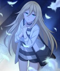  bad_id bad_pixiv_id black_bag black_shorts blonde_hair blue_eyes blurry blurry_background feathers female floating_hair hair_between_eyes highres jacket long_hair long_sleeves looking_at_viewer looking_up open_clothes open_jacket own_hands_clasped own_hands_together parted_lips rachel_gardner satsuriku_no_tenshi shirt short_shorts shorts solo standing straight_hair striped suamaro very_long_hair white_feathers white_jacket 