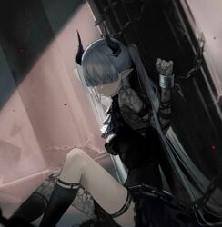  against_pillar arknights artist_request ascot bad_id bad_twitter_id black_ascot black_nails black_socks bound bound_wrists breasts chained_sarkaz_girl chains closed_mouth cropped cuffs demon_horns earrings eyes_visible_through_hair female from_side grey_hair hair_over_eyes horns indoors jewelry kneehighs knees_up long_hair long_sleeves looking_at_viewer looking_to_the_side medium_breasts nail_polish official_art on_floor pointy_ears red_eyes shackles single_kneehigh single_leg_pantyhose single_sock sitting socks solo thigh_strap third-party_source twintails very_long_hair 